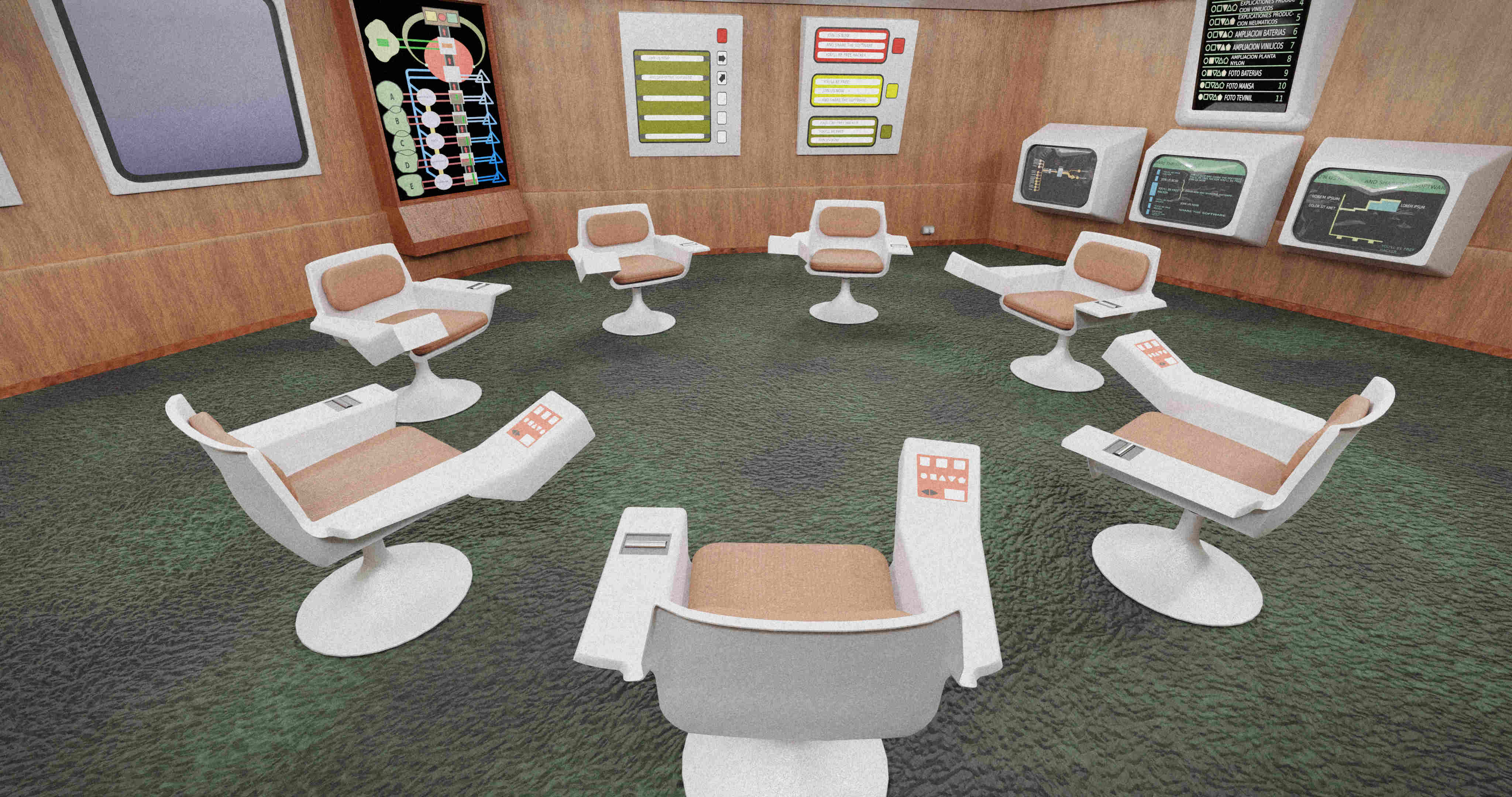 Sala de operações do Proyecto Synco (Cybersyn): poltronas hexagonais em volta de uma mesa, com painéis de dados ao fundo. Santiago, Chile, 1971.